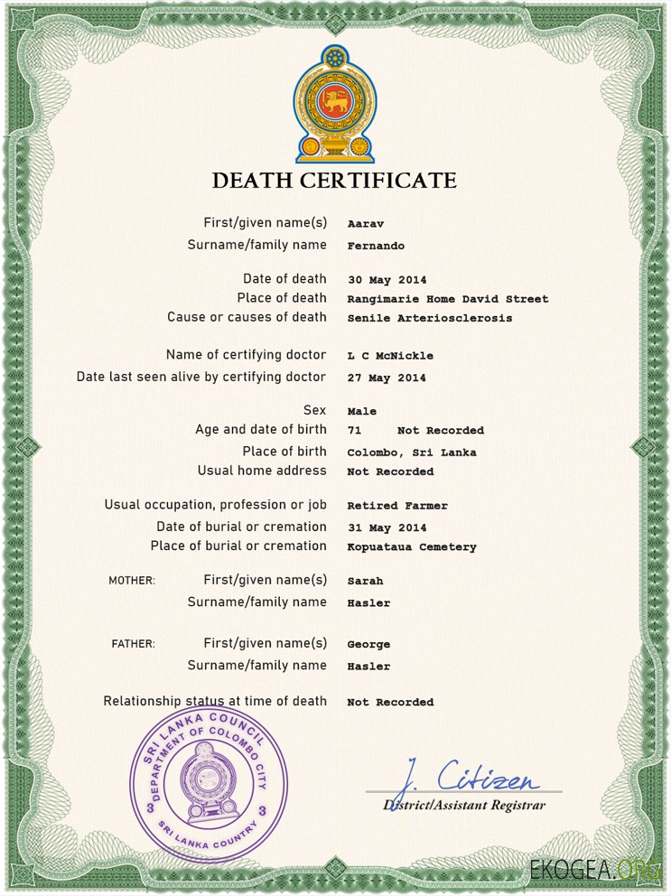 Modèle PSD de certificat de décès de l'état civil du Sri Lanka